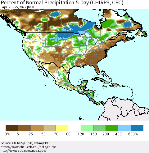 North America Percent of Normal Precipitation 5-Day (CHIRPS) Thematic Map For 4/21/2022 - 4/25/2022