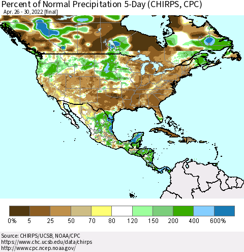 North America Percent of Normal Precipitation 5-Day (CHIRPS) Thematic Map For 4/26/2022 - 4/30/2022