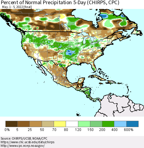 North America Percent of Normal Precipitation 5-Day (CHIRPS) Thematic Map For 5/1/2022 - 5/5/2022