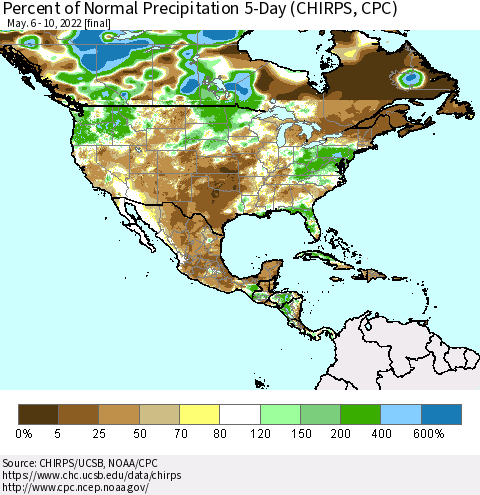 North America Percent of Normal Precipitation 5-Day (CHIRPS) Thematic Map For 5/6/2022 - 5/10/2022