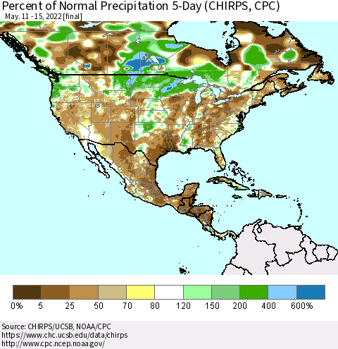 North America Percent of Normal Precipitation 5-Day (CHIRPS) Thematic Map For 5/11/2022 - 5/15/2022