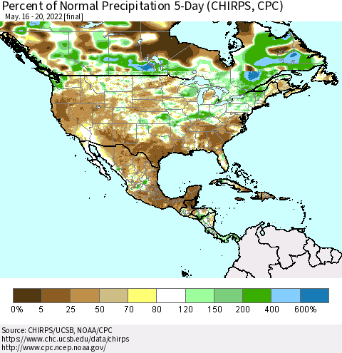 North America Percent of Normal Precipitation 5-Day (CHIRPS) Thematic Map For 5/16/2022 - 5/20/2022
