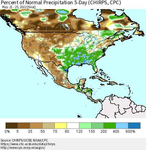 North America Percent of Normal Precipitation 5-Day (CHIRPS) Thematic Map For 5/21/2022 - 5/25/2022