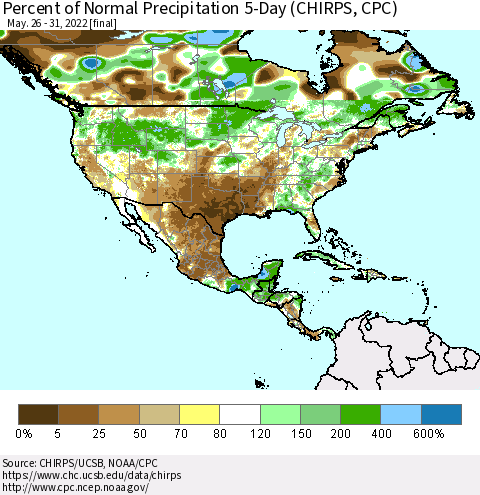 North America Percent of Normal Precipitation 5-Day (CHIRPS) Thematic Map For 5/26/2022 - 5/31/2022