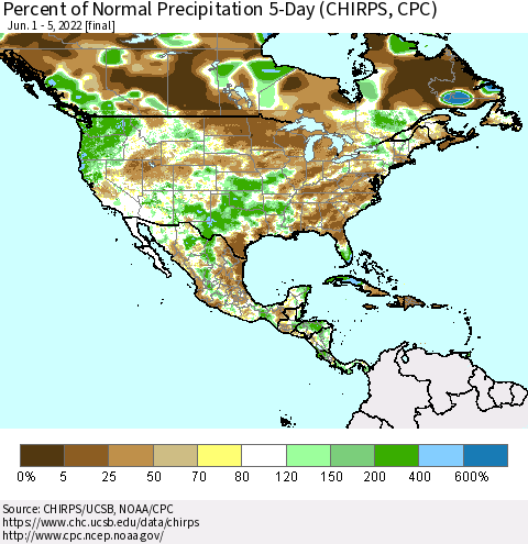 North America Percent of Normal Precipitation 5-Day (CHIRPS) Thematic Map For 6/1/2022 - 6/5/2022