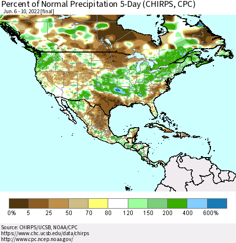 North America Percent of Normal Precipitation 5-Day (CHIRPS) Thematic Map For 6/6/2022 - 6/10/2022