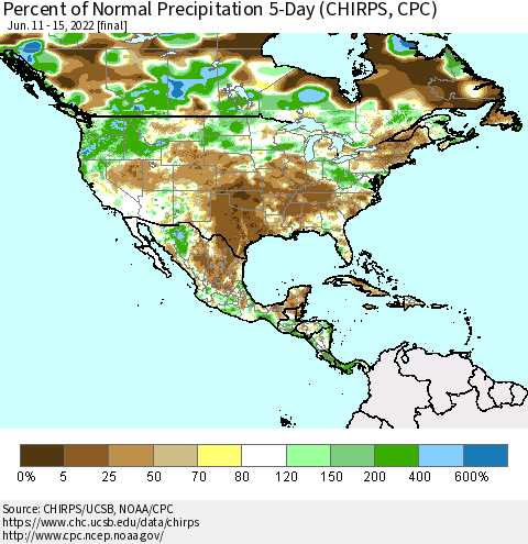 North America Percent of Normal Precipitation 5-Day (CHIRPS) Thematic Map For 6/11/2022 - 6/15/2022