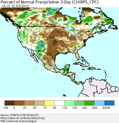 North America Percent of Normal Precipitation 5-Day (CHIRPS) Thematic Map For 6/16/2022 - 6/20/2022