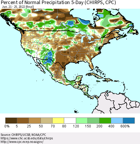 North America Percent of Normal Precipitation 5-Day (CHIRPS) Thematic Map For 6/21/2022 - 6/25/2022