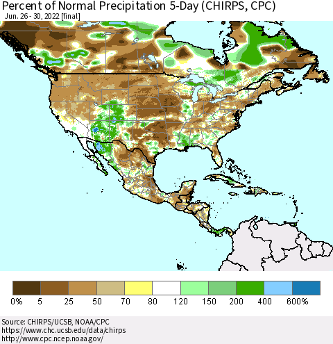 North America Percent of Normal Precipitation 5-Day (CHIRPS) Thematic Map For 6/26/2022 - 6/30/2022