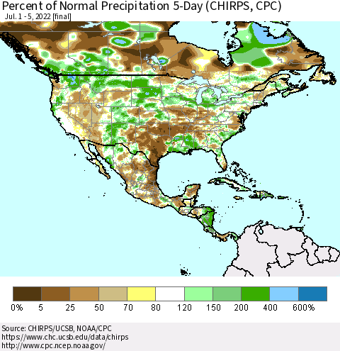 North America Percent of Normal Precipitation 5-Day (CHIRPS) Thematic Map For 7/1/2022 - 7/5/2022
