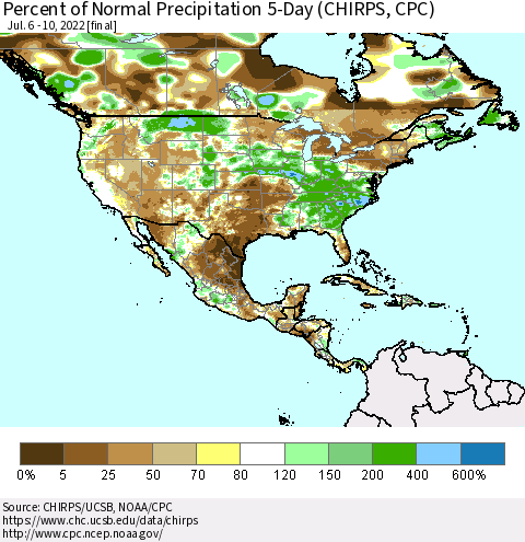 North America Percent of Normal Precipitation 5-Day (CHIRPS) Thematic Map For 7/6/2022 - 7/10/2022