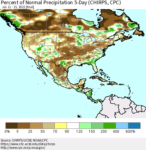 North America Percent of Normal Precipitation 5-Day (CHIRPS) Thematic Map For 7/11/2022 - 7/15/2022