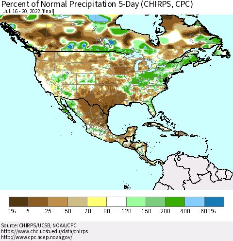 North America Percent of Normal Precipitation 5-Day (CHIRPS) Thematic Map For 7/16/2022 - 7/20/2022