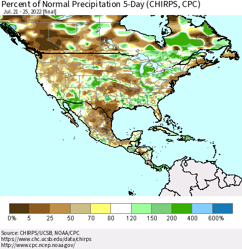 North America Percent of Normal Precipitation 5-Day (CHIRPS) Thematic Map For 7/21/2022 - 7/25/2022