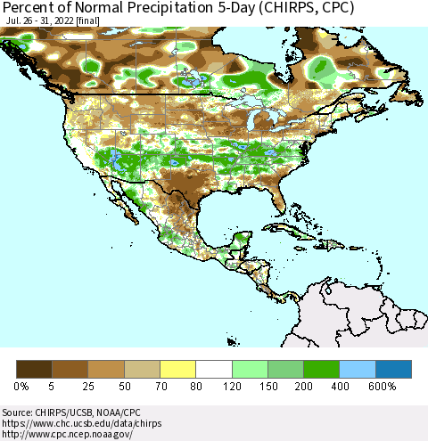 North America Percent of Normal Precipitation 5-Day (CHIRPS) Thematic Map For 7/26/2022 - 7/31/2022