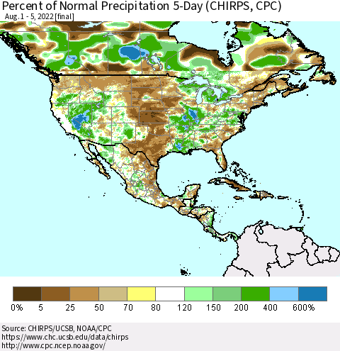 North America Percent of Normal Precipitation 5-Day (CHIRPS) Thematic Map For 8/1/2022 - 8/5/2022