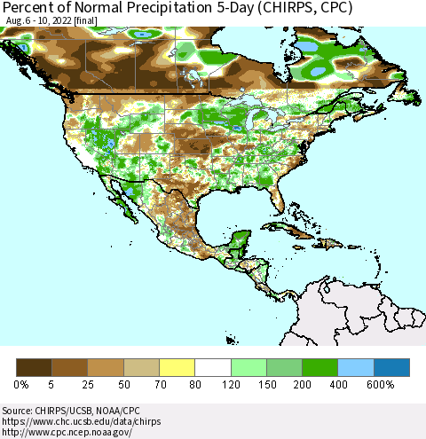 North America Percent of Normal Precipitation 5-Day (CHIRPS) Thematic Map For 8/6/2022 - 8/10/2022