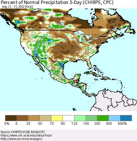North America Percent of Normal Precipitation 5-Day (CHIRPS) Thematic Map For 8/11/2022 - 8/15/2022