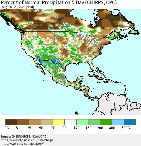 North America Percent of Normal Precipitation 5-Day (CHIRPS) Thematic Map For 8/16/2022 - 8/20/2022