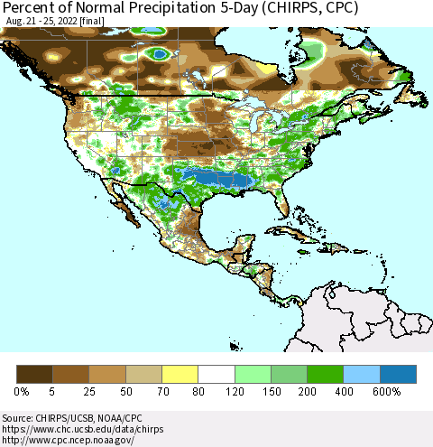 North America Percent of Normal Precipitation 5-Day (CHIRPS) Thematic Map For 8/21/2022 - 8/25/2022