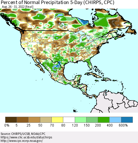 North America Percent of Normal Precipitation 5-Day (CHIRPS) Thematic Map For 8/26/2022 - 8/31/2022
