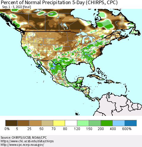 North America Percent of Normal Precipitation 5-Day (CHIRPS) Thematic Map For 9/1/2022 - 9/5/2022