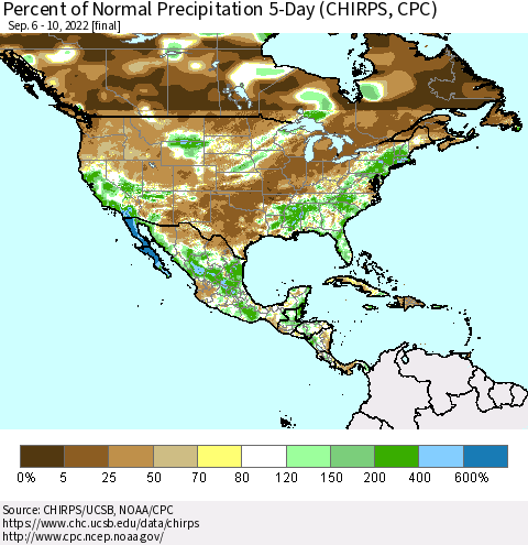 North America Percent of Normal Precipitation 5-Day (CHIRPS) Thematic Map For 9/6/2022 - 9/10/2022