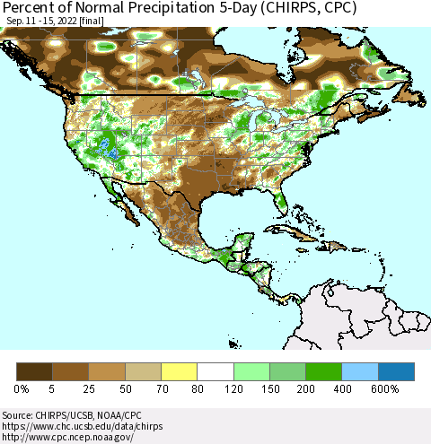 North America Percent of Normal Precipitation 5-Day (CHIRPS) Thematic Map For 9/11/2022 - 9/15/2022