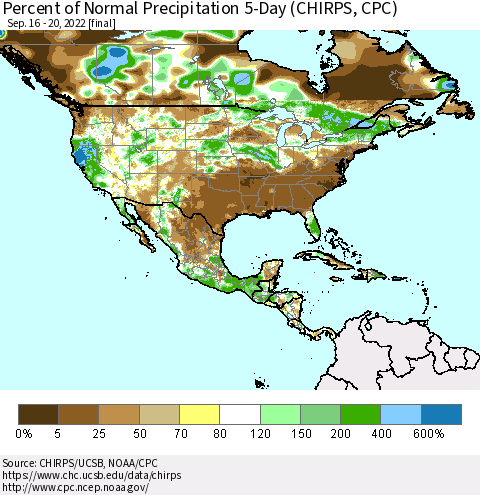 North America Percent of Normal Precipitation 5-Day (CHIRPS) Thematic Map For 9/16/2022 - 9/20/2022