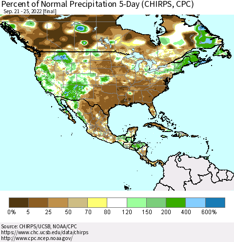 North America Percent of Normal Precipitation 5-Day (CHIRPS) Thematic Map For 9/21/2022 - 9/25/2022