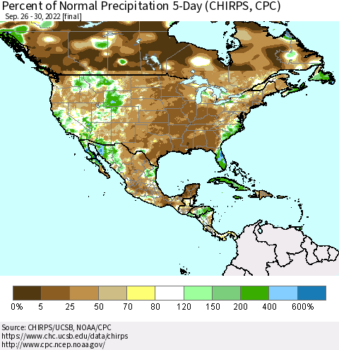 North America Percent of Normal Precipitation 5-Day (CHIRPS) Thematic Map For 9/26/2022 - 9/30/2022