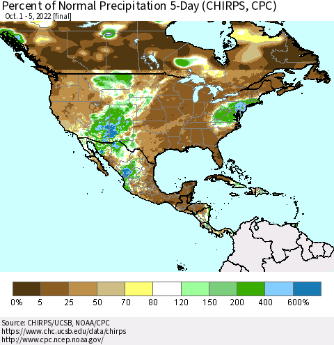 North America Percent of Normal Precipitation 5-Day (CHIRPS) Thematic Map For 10/1/2022 - 10/5/2022