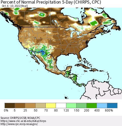 North America Percent of Normal Precipitation 5-Day (CHIRPS) Thematic Map For 10/6/2022 - 10/10/2022