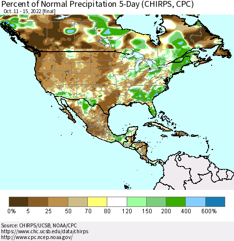 North America Percent of Normal Precipitation 5-Day (CHIRPS) Thematic Map For 10/11/2022 - 10/15/2022