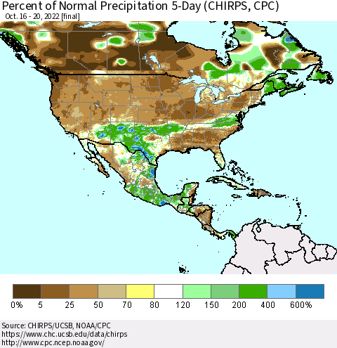 North America Percent of Normal Precipitation 5-Day (CHIRPS) Thematic Map For 10/16/2022 - 10/20/2022