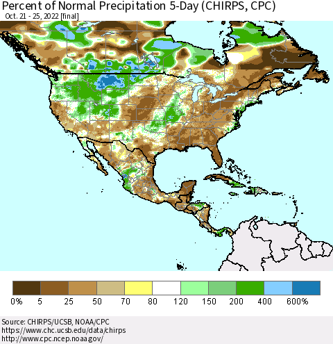 North America Percent of Normal Precipitation 5-Day (CHIRPS) Thematic Map For 10/21/2022 - 10/25/2022