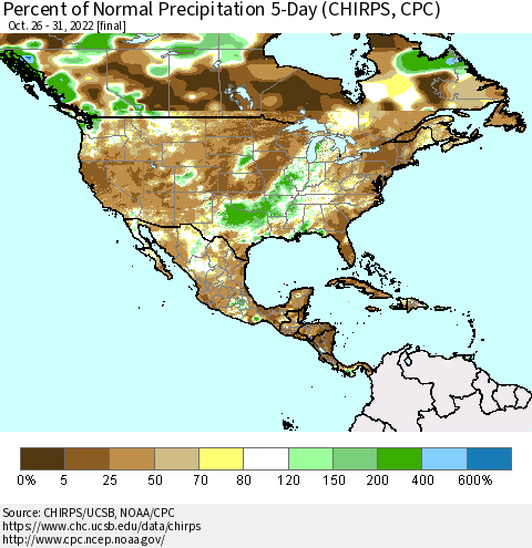 North America Percent of Normal Precipitation 5-Day (CHIRPS) Thematic Map For 10/26/2022 - 10/31/2022