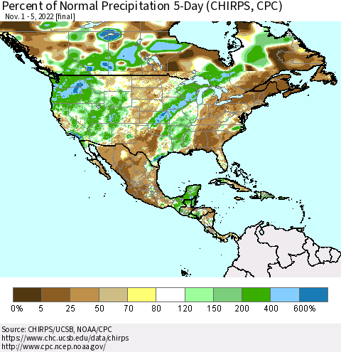 North America Percent of Normal Precipitation 5-Day (CHIRPS) Thematic Map For 11/1/2022 - 11/5/2022