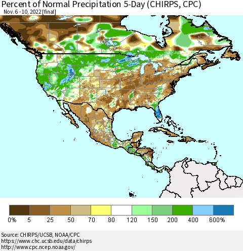 North America Percent of Normal Precipitation 5-Day (CHIRPS) Thematic Map For 11/6/2022 - 11/10/2022