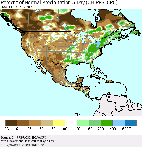 North America Percent of Normal Precipitation 5-Day (CHIRPS) Thematic Map For 11/11/2022 - 11/15/2022
