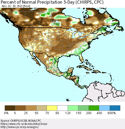North America Percent of Normal Precipitation 5-Day (CHIRPS) Thematic Map For 11/16/2022 - 11/20/2022