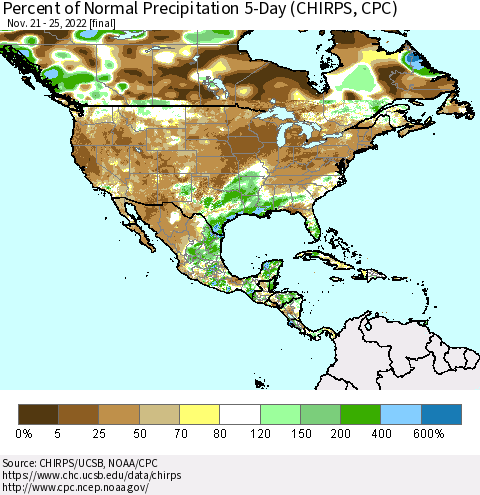North America Percent of Normal Precipitation 5-Day (CHIRPS) Thematic Map For 11/21/2022 - 11/25/2022
