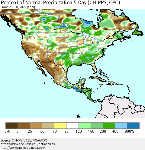 North America Percent of Normal Precipitation 5-Day (CHIRPS) Thematic Map For 11/26/2022 - 11/30/2022