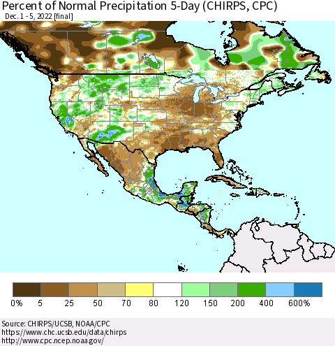 North America Percent of Normal Precipitation 5-Day (CHIRPS) Thematic Map For 12/1/2022 - 12/5/2022