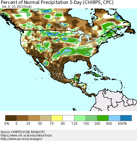 North America Percent of Normal Precipitation 5-Day (CHIRPS) Thematic Map For 12/6/2022 - 12/10/2022