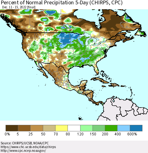 North America Percent of Normal Precipitation 5-Day (CHIRPS) Thematic Map For 12/11/2022 - 12/15/2022
