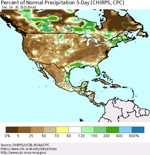 North America Percent of Normal Precipitation 5-Day (CHIRPS) Thematic Map For 12/16/2022 - 12/20/2022