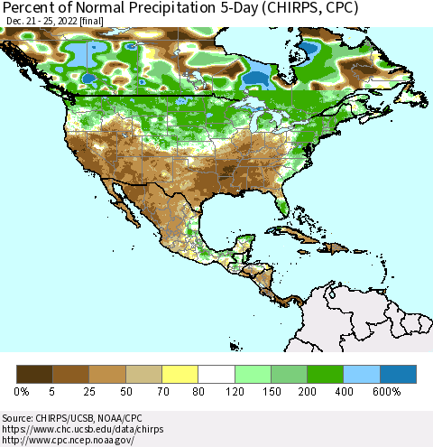 North America Percent of Normal Precipitation 5-Day (CHIRPS) Thematic Map For 12/21/2022 - 12/25/2022