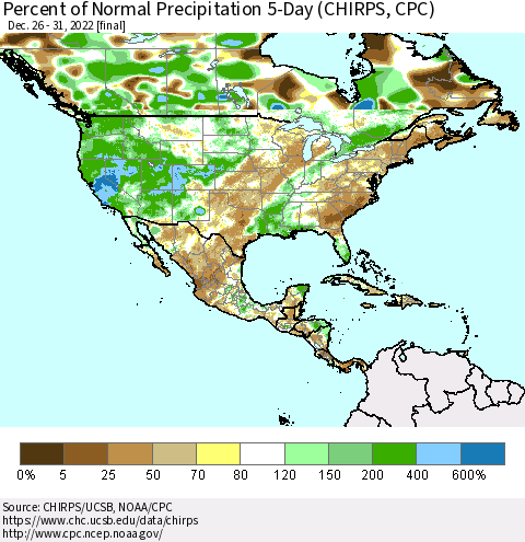 North America Percent of Normal Precipitation 5-Day (CHIRPS) Thematic Map For 12/26/2022 - 12/31/2022